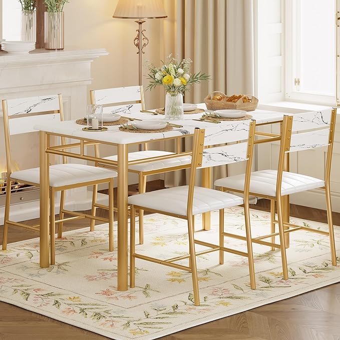 IRONCK Dining Table Set for 4, Wood Kitchen Table with Upholstered Chairs for Kitchen & Dining Room, Compact Dining Set for Small Spaces, White & Gold