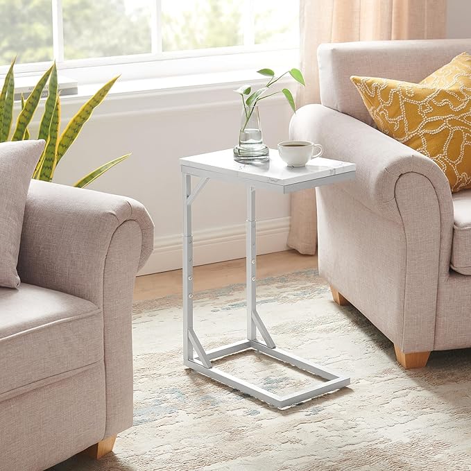 C-Shaped End Table, Small Sofa Table with Metal Frame, Adjustable Height Side Table for Couch, Living Room, Bedroom, Bedside (Silver, Small)