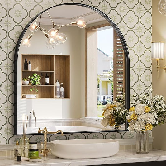 Brightify Arched Mirror, 31 x 33 Inch Black Arch Mirror, Metal Frame Black Arched Wall Mirror, Arched Top Bathroom Vanity Mirror for Living Room Bedroom Mantel Entryway Hallways