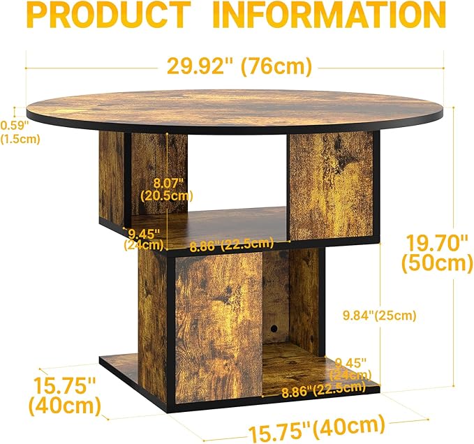 Elephance Round Coffee Table with Storage,3-Tier Coffee Table for Living Room,Wooden Tabletop-Caramel Brown with Black Frame