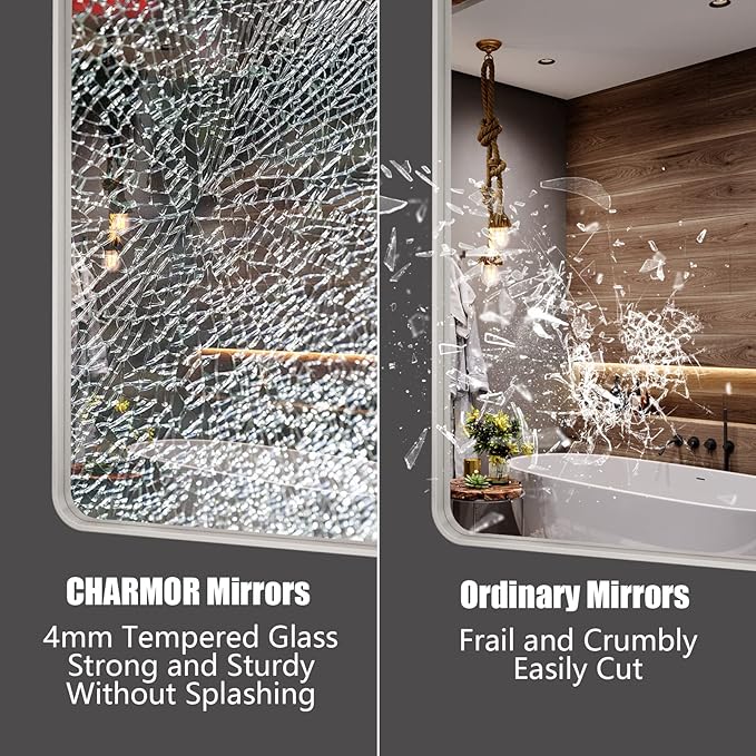 28x32 Silver Bathroom Mirror for Wall, Brushed Metal Framed Bathroom Vanity Mirror, Modern Rounded Corner Rectangle Mirror, Anti-Rust (Horizontal/Vertical)