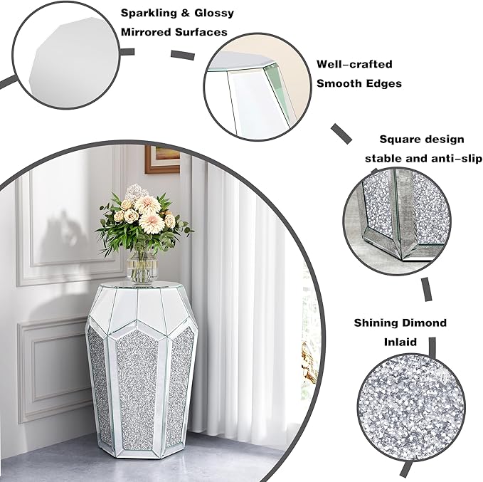 ENENE Mirrored End Table Crystal Diamond Setting Coffee Table Silver Glass Side Table Pedestal Stand for Hallway, Living Room, Corner, Bedroom, Sofa