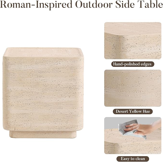 COSIEST 14.4" Outdoor Side Table, Rectangular Concrete End Table for Patio Small Outdoor Coffe Tables, Garden Stool Accent Table for Livingroom, Porch, Deck, Balcony & Beach，Sandy Yellow