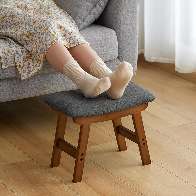 Foot Stool Ottoman Foot Rest Under Desk,Small Stool for Living Room, Bedroom and Kitchen (Brown Legs - Gray Stool Surface)