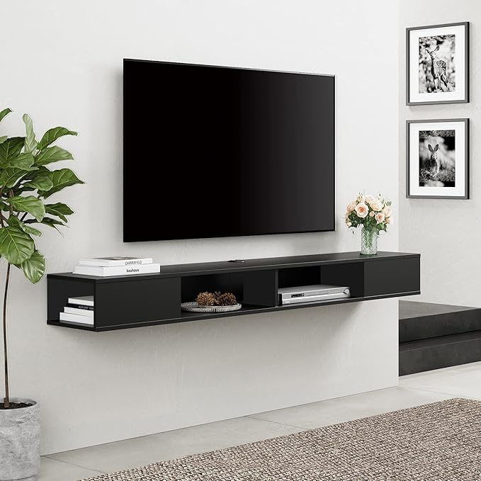 WAMPAT 70 inch Black Floating TV Stand, Entertainement Center Wall Mount for 75 inch TV, Media Console for Under TV with Storage for Living Room