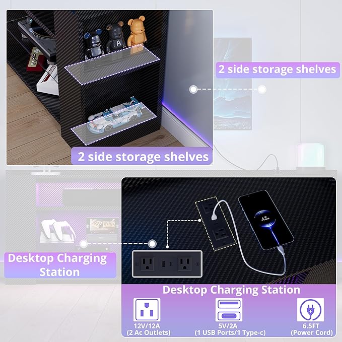 IRONCK Entertainment Center with Storage, 47 Inch Tall TV Stand W/Power Outlet, LED Gaming TV Cabinet for PS4, Black TV Stand with Carbon Fiber