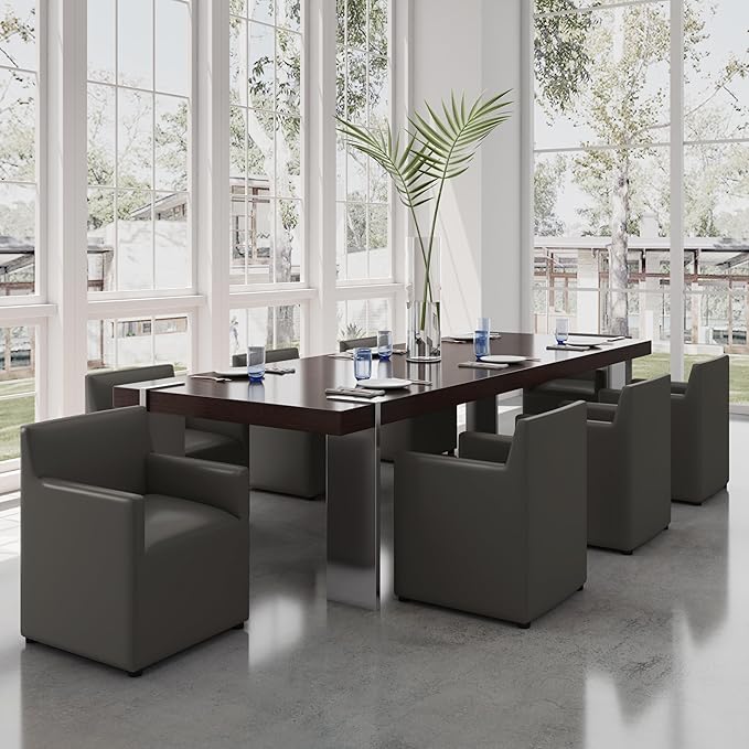 Manhattan Comfort Anna Square Modern Dining Chair with Arms, Head-to-Toe Faux Leather Upholstered Accent Armchair with Plastic Foot Padding, Set of 2, Pewter