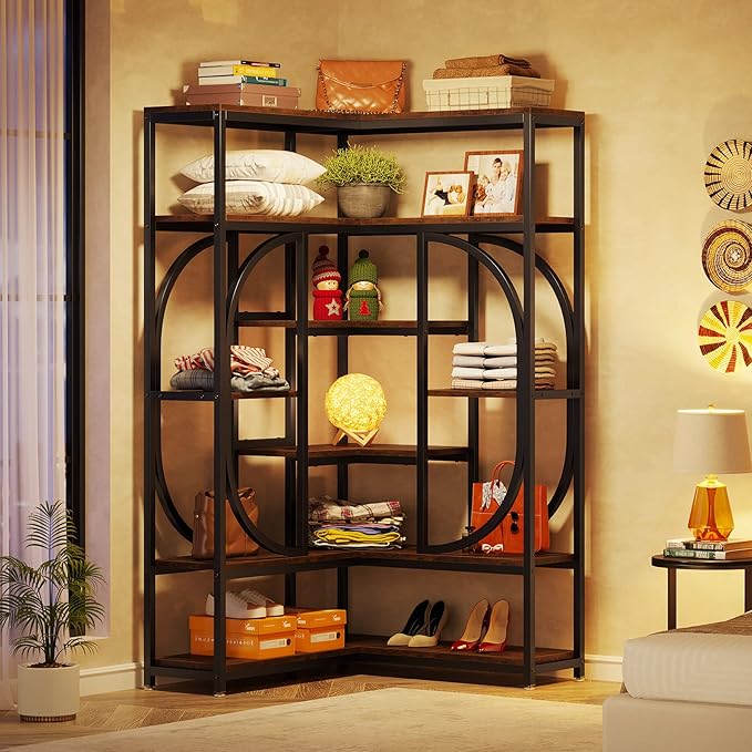 LITTLE TREE Large Corner Bookshelf Industrial Bookcase for Living Room Home Office,Brown