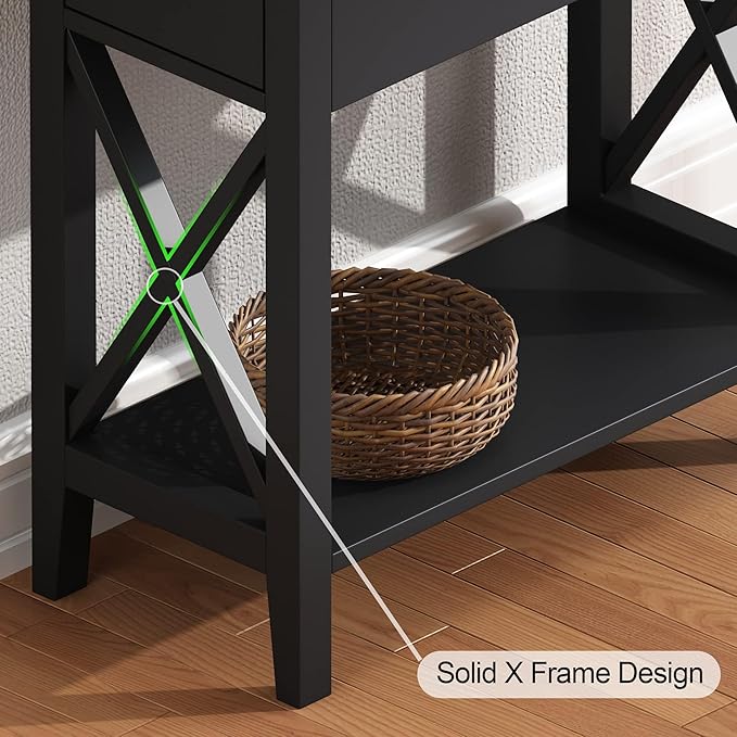 ChooChoo End Table Set of 2, Flip Top Narrow End Table with Drawer, Accent Small Side Table Nightstand for Living Room, Bedroom, and Small Spaces，Blcak