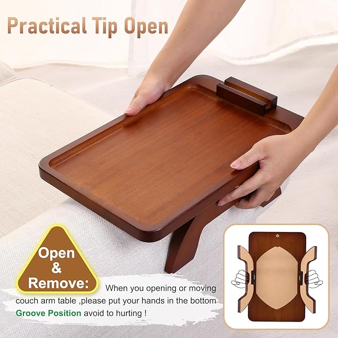 SINWANT Couch Arm Tray, Bamboo Couch Arm Table with 360° Rotating Phone Holder,Sofa Armrest Tray for Eating,Drinks,Snacks, Remote Control