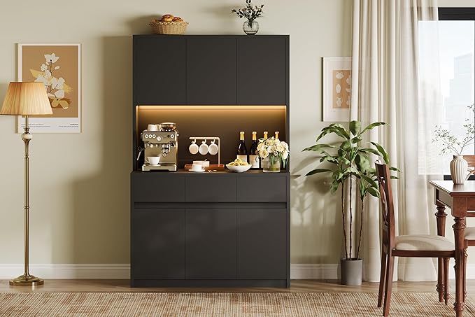 Garvee Kitchen Pantry Storage Cabinet, Tall Storage Cabinet with Doors and Shelves, Kitchen Storage Hutch with Microwave Stand, Led Lights and Charging Station,Corner Pantry Cabinet,Black