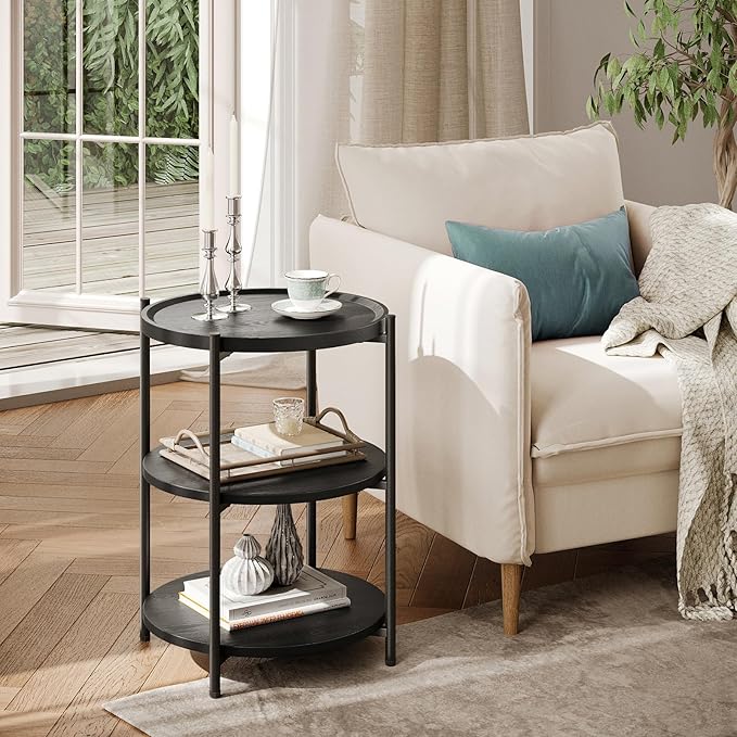 Side Table, 3-Tier Modern End Table with Wheels, Small Round Nightstand Bedside Table for Living Room, Bedroom, or Small Spaces-Black