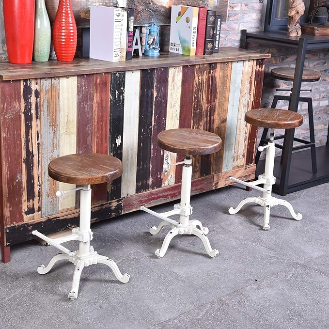 Topower Industrial Retro Vintage Farm Wooden Tractor Stool Kitchen Swivel Height Adjustable bar Stool (Antique White)