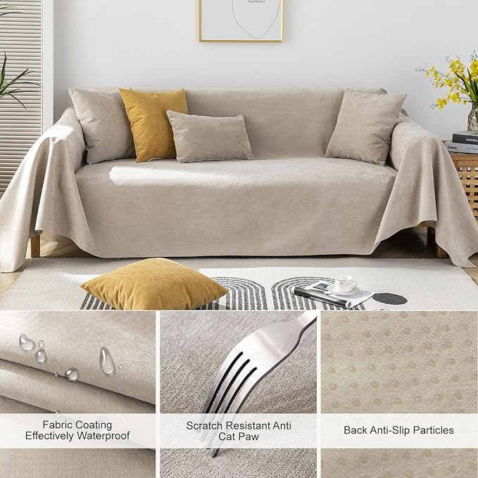 STACYPIK 100% Waterproof Beige Sofa Cover for Dogs, Anti-Cat Scratch Couch Covers for Pets, Non-Slip Couch Covers for 2 Cushion Couch, Washable Loveseat for Sectional, Furniture Protector-71X71IIN