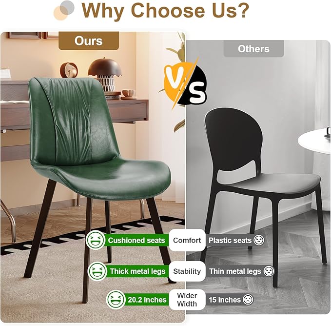 Upholstered Dining Chairs Set of 2, Modern Kitchen & Dining Room Chairs, Faux Leather, Sturdy Metal Legs, for Living Room, Cafe & Restaurant- Green