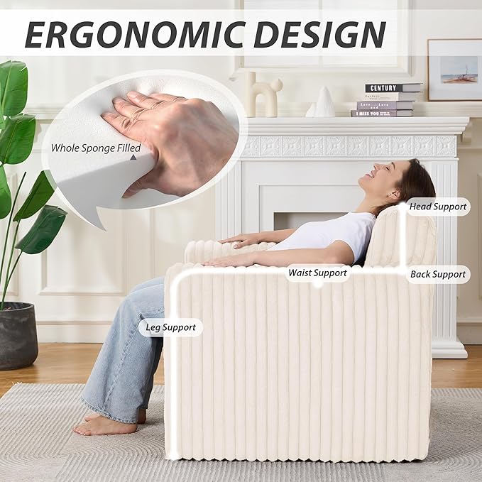 Giant Bean Bag Chair for Adults, Non-Slip Floor Sofa with High Backrest & Wider Armrest, Upgrade Whole Sponge Bean Bag Sofa Couch for Bedroom Living Room(Large,Beige,Stripe Plush)