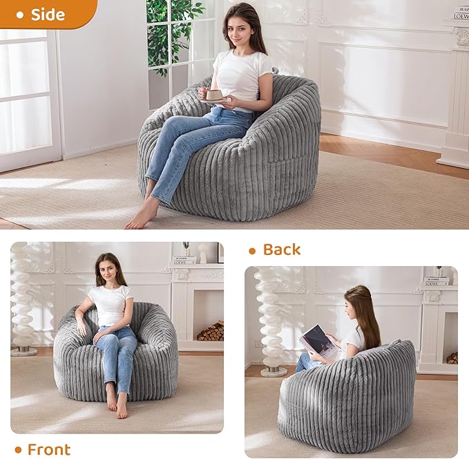BYBYME Giant Bean Bag Chair for Adults and Kids, Large Comfy Cozy Beanbag, Floor Sofa for Teens, Living Room, Gaming, Reading, Grey