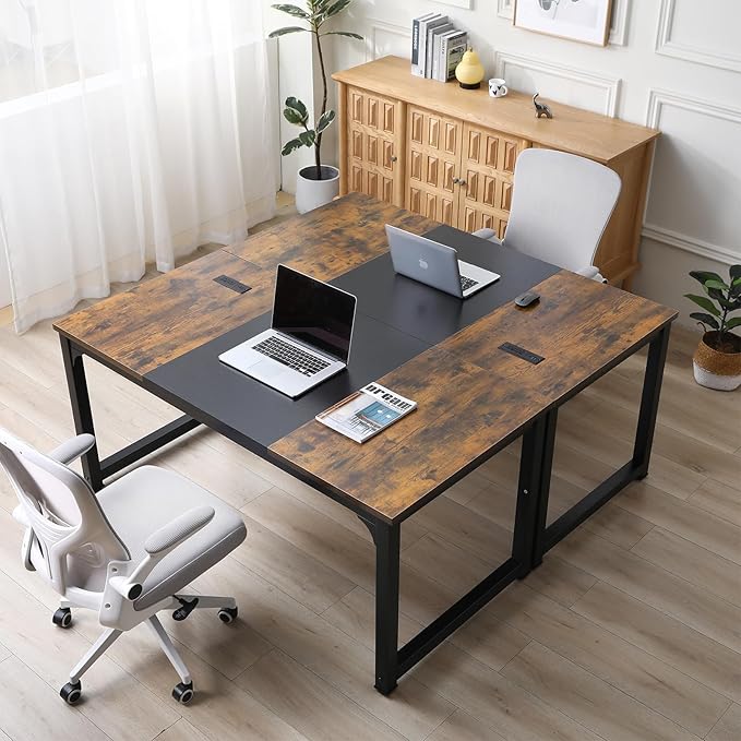 Large Computer Desk - 63 Inch Home Office Desks Study Student Writing Table Gaming Desk Wood Modern Simple Table with USB Ports, Vintage + Black