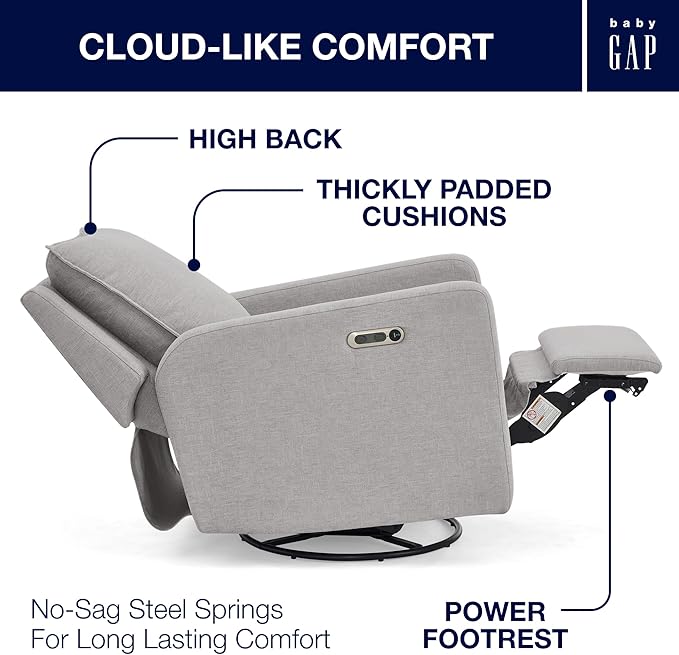 Delta Children babyGap Harlowe Power Recliner with USB-A & Charging Port Greenguard Gold Certified – Stain-Resistant Performance Fabric is Oeko-TEX Standard 100 Certified, Ash