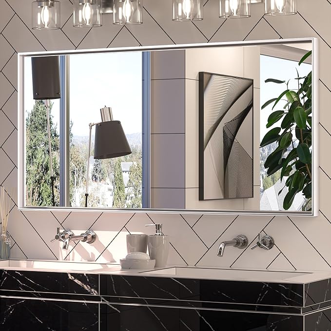 Keonjinn 48 x 24 in Brushed Silver Bathroom Vanity Mirror Rectangular Metal Framed Mirror for Wall Modern Farmhouse Rectangle Mirror Decorative Silver Mirror for Bathroom Sink(Horizontal/Vertical)