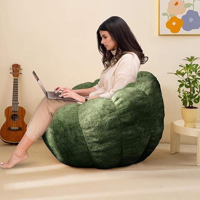 Pumpkin Bean Bag Sofa Chair, Bean Bag Chair with Filler for Teens, Kids, Toddler, Comfy and Lazy Sofa for Dorm, Apartment, Living Room and Bedroom, Dark Green