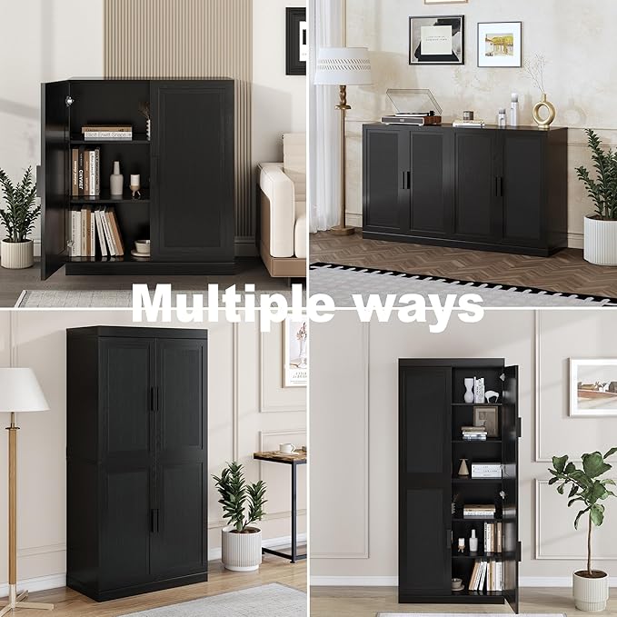 Buffet Cabinet, 2-Doors Sideboard Cabinet with Rattan Panels, Buffet Console Accent Table for Hallway Entryway Dining Room, 36", Black