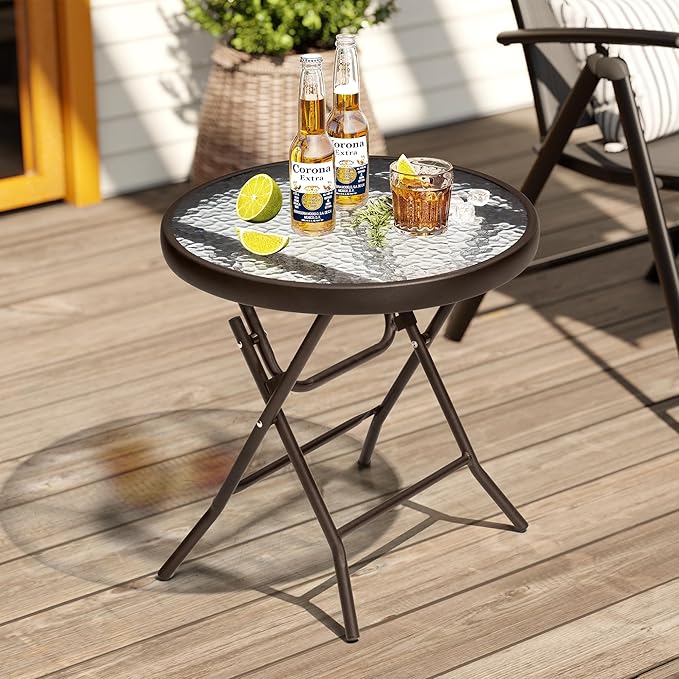 Foldable Patio Side Table Set of 2 with Tempered Glass Top 18" Folding Outdoor Side Tables Set of 2 Small Glass Patio End Tables for Porch Yard Balcony Deck Lawn Dining Garden (Brown)