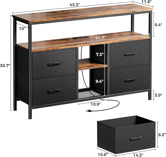 Huuger TV Stand Dresser with Power Outlets and LED Lights, 4 Drawers Entertainment Center with Open Shelf, Media Console for 50 43 Inch TV, Dresser with PU Finish, Rustic Brown and Black