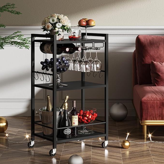 TUTOTAK Bar Cart, Home Bar Serving Cart with 3-Tier Shelf, Drink Cart with Wine Rack, Glass Holder, Rolling bar carts for The Home, Living Room, Brown V1BC01BK035