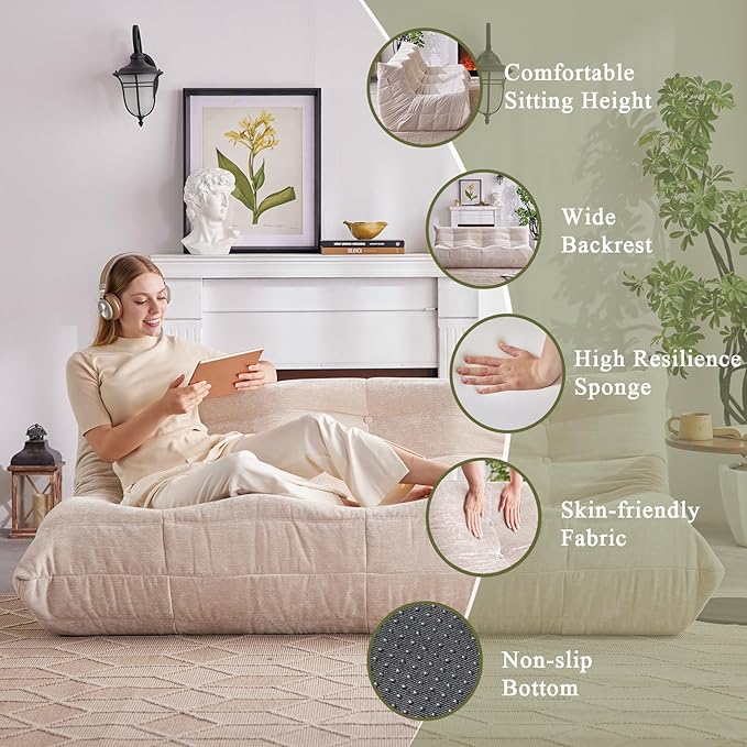 Bean Bag Chair, 3 Seater Fireside Chair Large Bean Bag Sofa for Adults, Memory Foam Chair Gaming Chairs with Comfy Design & Soft Fabric, Lazy Floor Sofa for Living Room, Bedroom, Beige