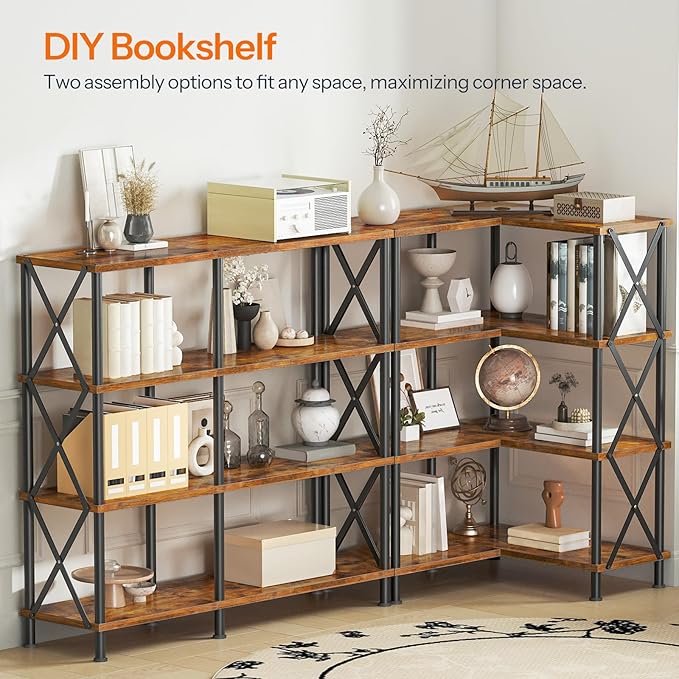 HOOBRO Corner Bookshelf, 4-Tier L-Shaped Bookcase, Industrial Open Display Shelf Tall Storage Organizer, Vertical Storage Rack, for Living Room, Home Office, Rustic Brown and Black BF59SJ01