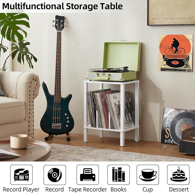 LELELINKY 2-Tier Bamboo Record Player Stand Set of 2 with Vinyl Record Storage up to 100 Albums, Boho Bedroom Record Holder and Multi-Functional End Table for Living Room, White