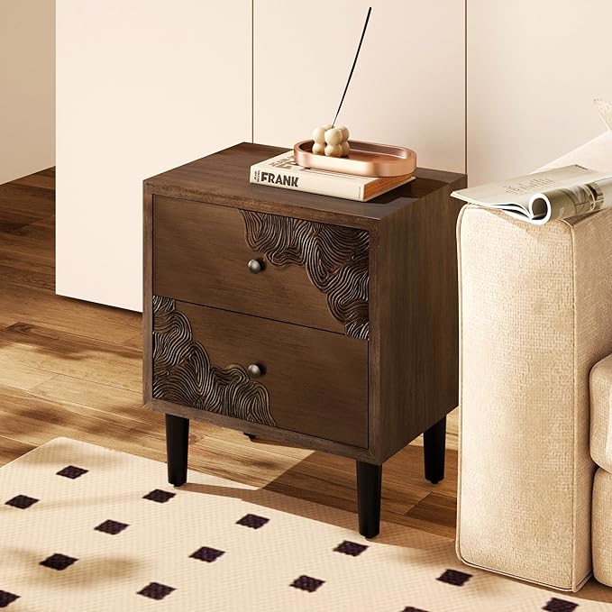 COSIEST Modern Nightstand with 2 Storage Drawers, Mid Century End Table, Accent Side Table, Vintage Wood Luxury Night Stand for Bedroom, Living Room, Walnut