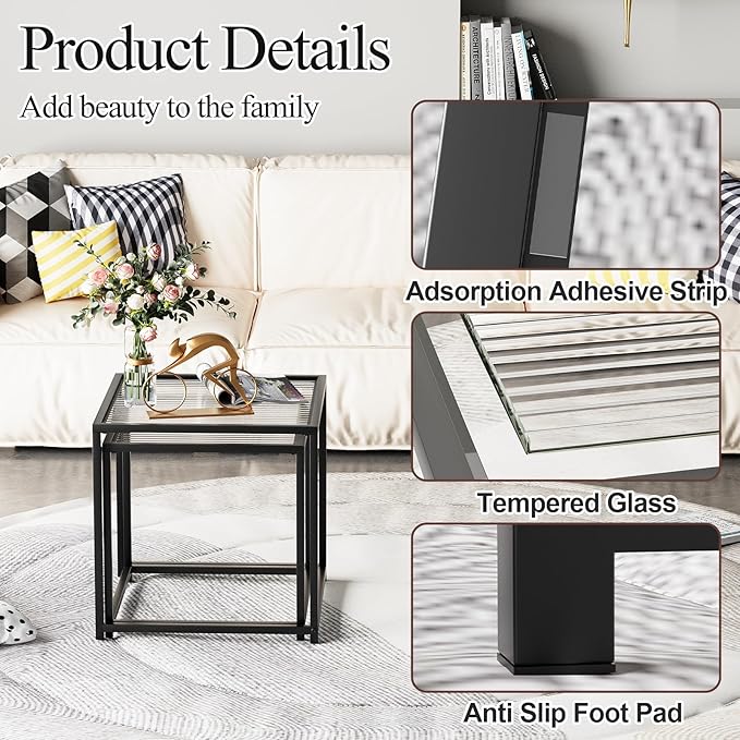 VILAWLENCE Coffee Table Set of 2, Modern Black Patterned Glass Side Table, Metal Frame Square End Table, Center Tables Nesting Coffee Table for Living Room,Bedroom and Small Spaces