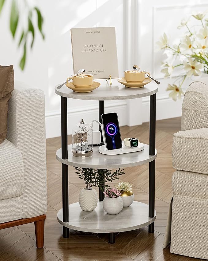 Small Round Side Table - 3-Tier Oval Accent Table for Small Spaces, Rustic Wood and Metal Nightstand for Living Room or Bedroom, Built-in USB Ports and Power Outlet, Greige