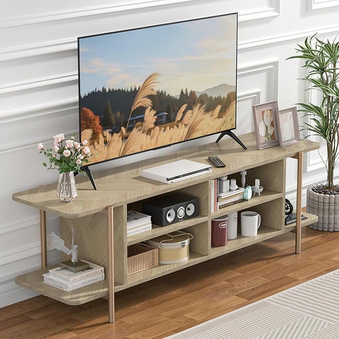 Giluta TV Stand for TV up to 75 Inch, Wood TV Cabinet with Open Storage, Entertainment Center TV Console Table, Coffee Table for Living Room (Light Oak)