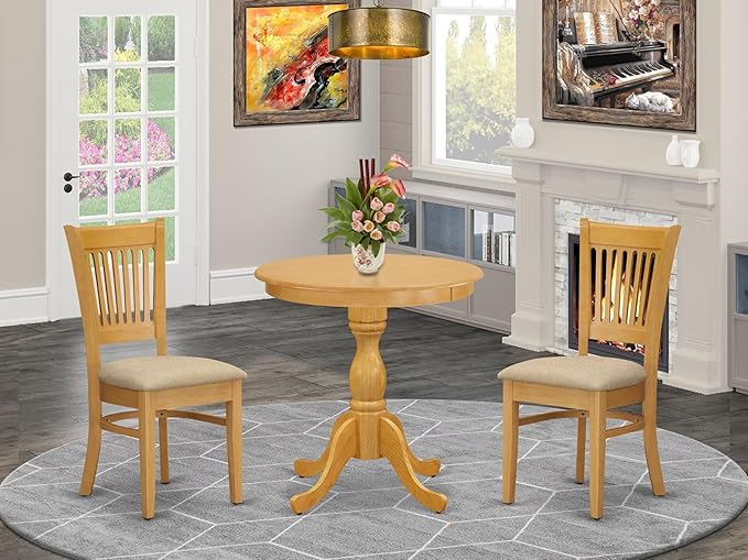 East West Furniture ESVA3-OAK-C 3 Piece Dining Table Set for Small Spaces Contains a Round Dining Room Table with Pedestal and 2 Linen Fabric Upholstered Chairs, 30x30 Inch, Oak