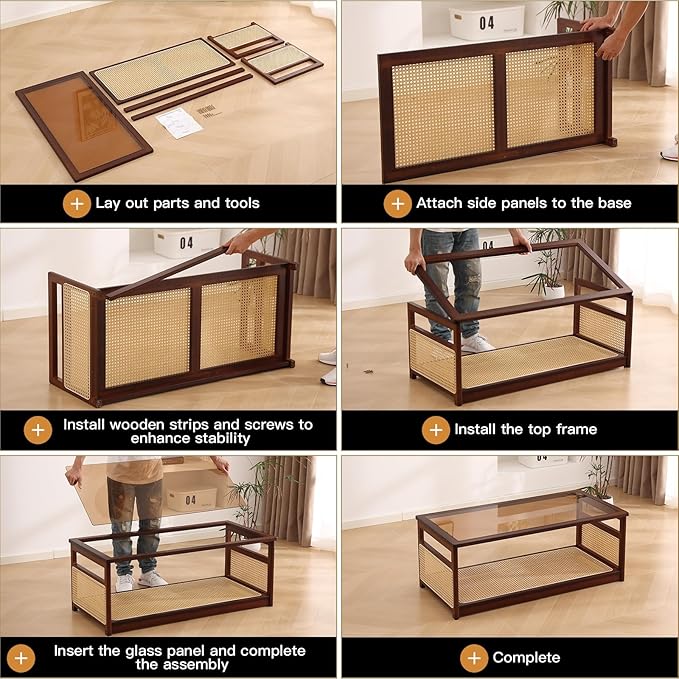 Welnow Rattan Coffee Tables for Living Room, Modern 2-Tier Coffee Table, Mid Century Rectangle Coffee Table with Storage Shelf & Glass Top, Large Boho Center Table for Apartment, Walnut