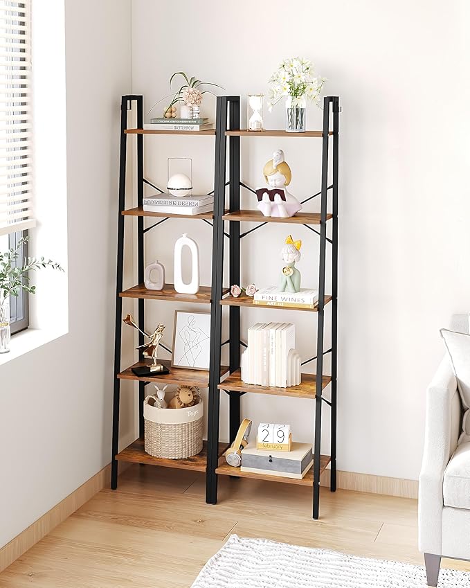 Ladder Shelf, Bookshelf Bookcase, Freestanding Corner Storage Shelve with 2 Hooks for Home Office, Living Room, Kitchen, Bedroom, Industrial, 5-Tier Rustic Brown BC19201B