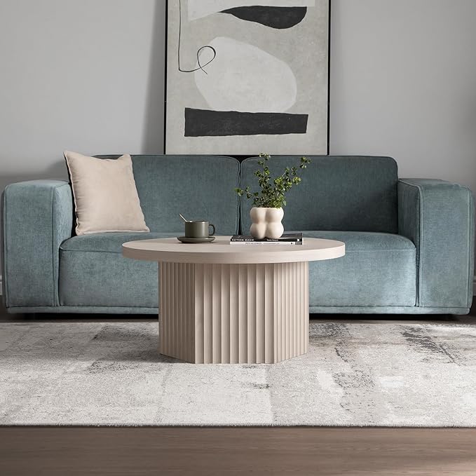 SICOTAS Round Coffee Table for Living Room, 32" Circle Modern Fluted Center Coffee Table with Storage, Mid Century Accent Tea Dining Table for Small Space, Apartment, White Alder