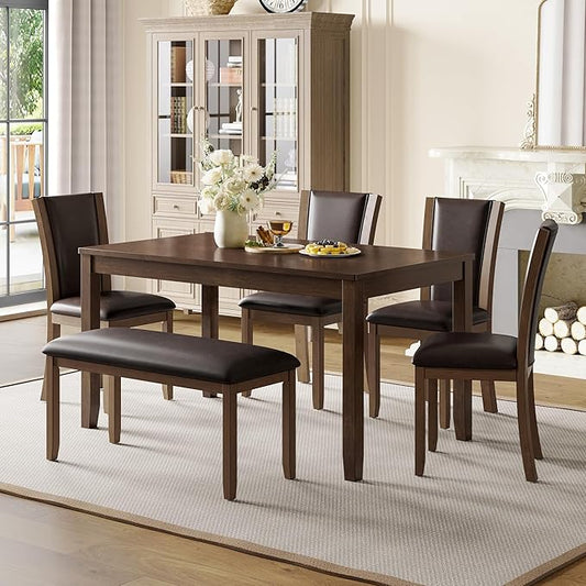 soges 6-Piece Large Dining Table Set with Leather Bench and Chairs, Wooden Dining Table Chairs Set for 6, Modern 6 Person Dining Room Set, Dark Walnut