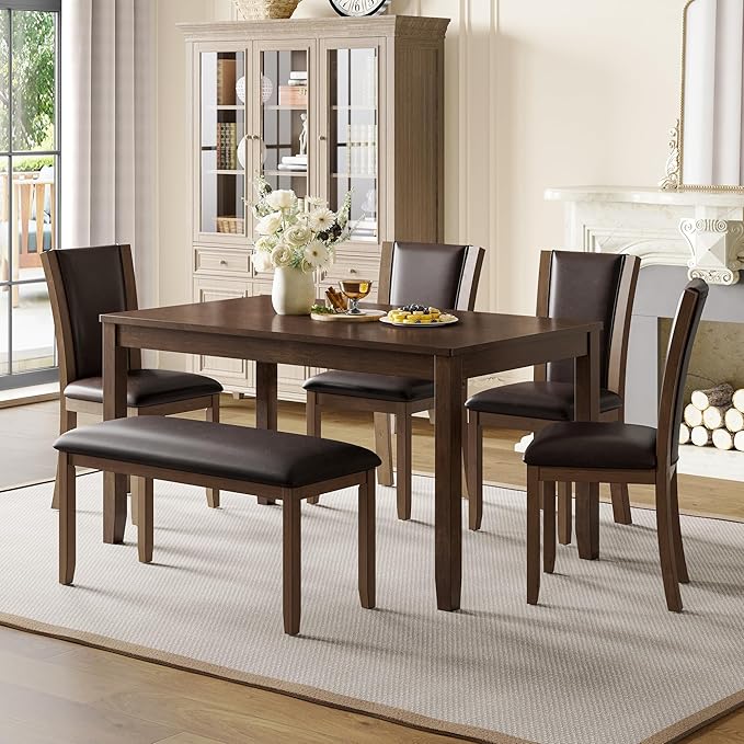 KEIKI 6-Piece Standard Height Dining Table Set with Rectangular Table, 4 Upholstered Chair, Bench, for 6 Person, Farmhouse Rustic Table Set, Easy Assembly, for Kitchen, Dining Room, Dark Walnut