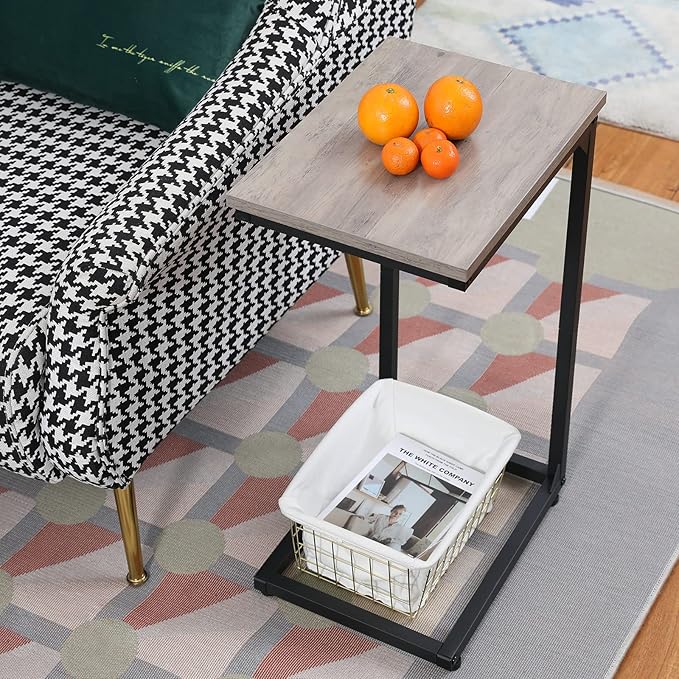 AMHANCIBLE C Shaped End Table, Slide Under Couch Table for Sofa, TV Tray Snack Table, Small Side Table for Small Space, Living Room, Grey HET02CGY-1
