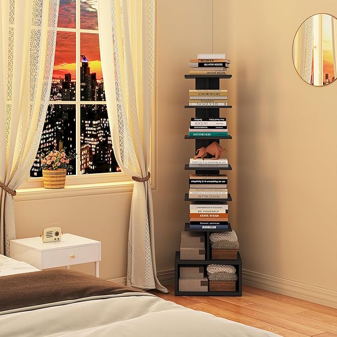 TUTOTAK Narrow Bookshelf, Vertical 8-Tier Bookcase, Spine Book Shelf for Small Space, Small Standing Shelf for Living Room, Office, Study, Entryway, Black BS07BK008