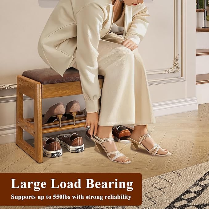 Shoe Rack Bench Seat Rubberwood 2-Tier Wooden Storage Bench 550lbs Compact Mid-Century Modern Design for Entryway, Hallway, Closet, Front Door Entrance, Foyer