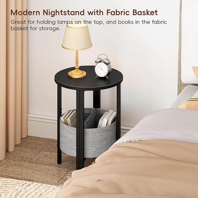 Vagusicc Small Round Side Table End Table, Tall Accent Table with Storage Basket, Set of 2 Half Round Tables Half Moon Tables, Coffee Bedside Tables, Modern Nightstand for Living Room Bedroom, Black