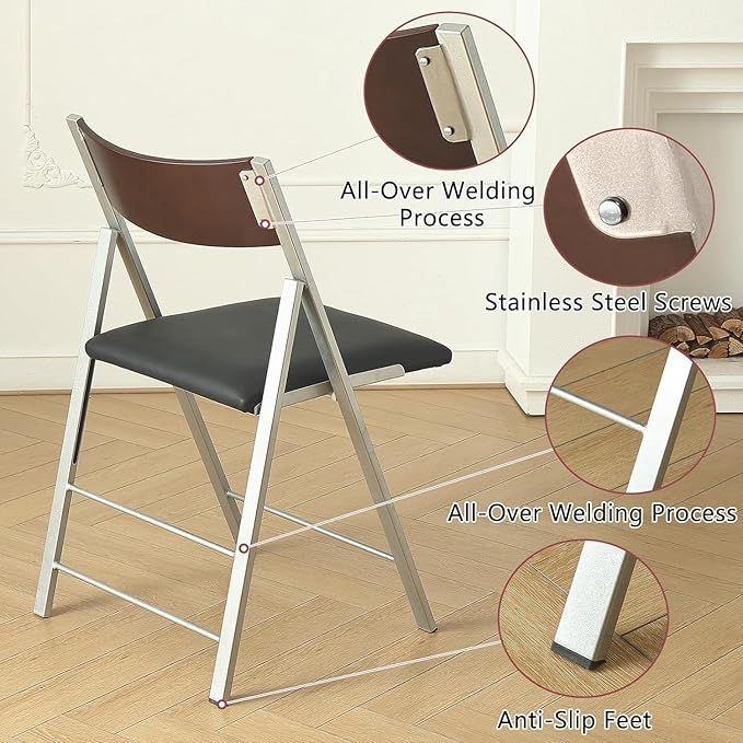 Folding Chairs with Cushion 2 Pack - Heavy Duty Steel Frame Foldable Dining Chairs, Waterproof Leather Indoor Outdoor Comfortable Folding Chairs for Home, Conference Rooms, Weddings, Events (Black)