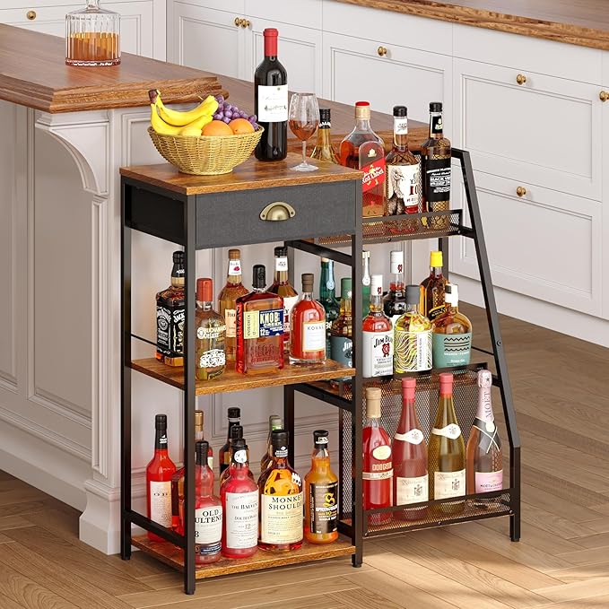 Liquor Cabinet Bar for Home with Drawer, 3-Tier Wine Rack Freestanding Floor and Wine Shelf with Step Design for Whiskey, Spirits, Vintage Mini Bar for Kitchen Apartment