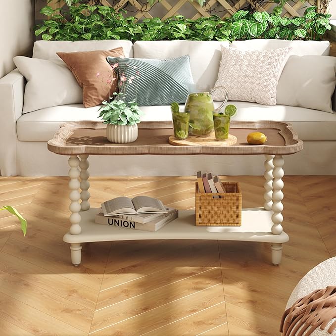 Function Home Farmhouse Coffee Table, Rustic White French Country Center Table with Storage Shelf, Wood Coffee Tables for Living Room Dining Room, Natural Tray Top and Vintage White Spindle Legs