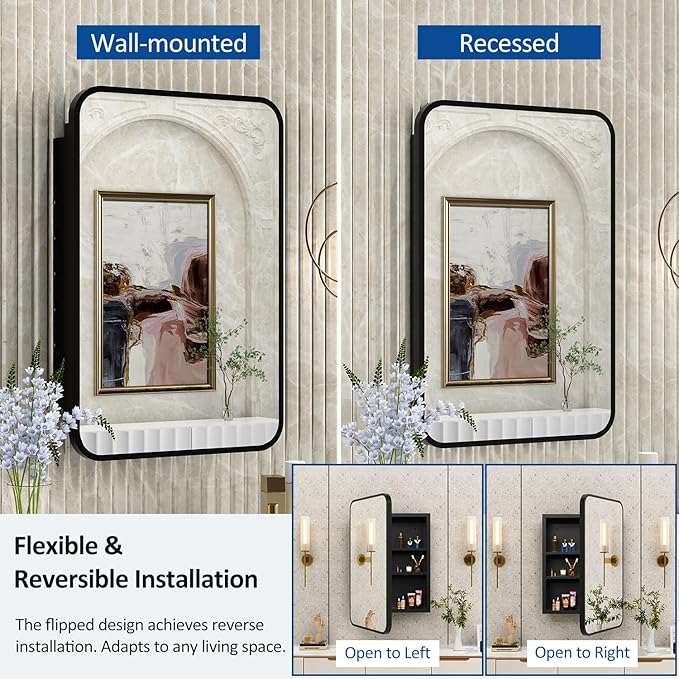 24x30 Inch Bathroom Medicine Cabinet with Mirror Black Metal Framed Farmhouse Recessed or Surface Wall Mounted Black Medicine Cabinets for Bathroom